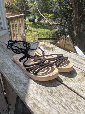 Womens Black Rope Lace-Up Sandals with Cream Footbed